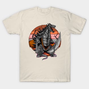 Attacking dinosaur with sun in the background T-Shirt